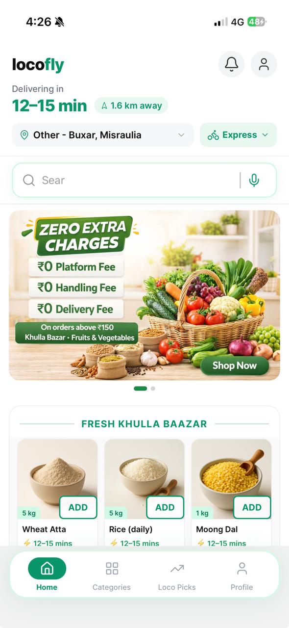 locofly home — zero extra charges, 12-15 min delivery