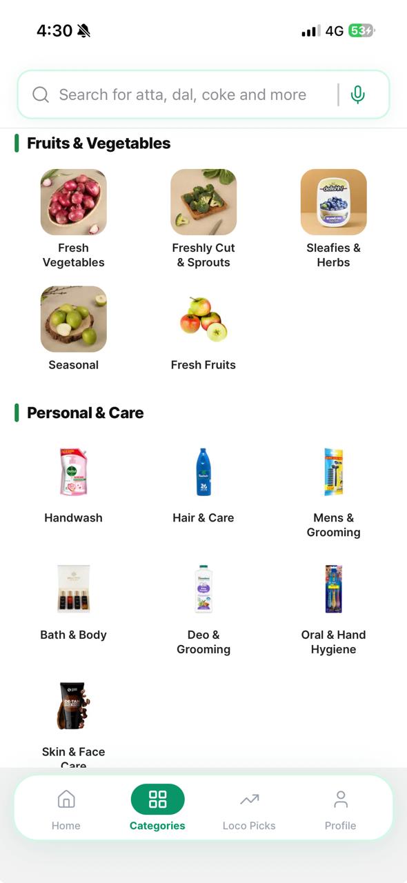 locofly categories — Fruits & Vegetables, Personal Care