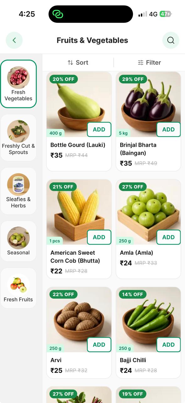 Fruits & Vegetables listing with prices