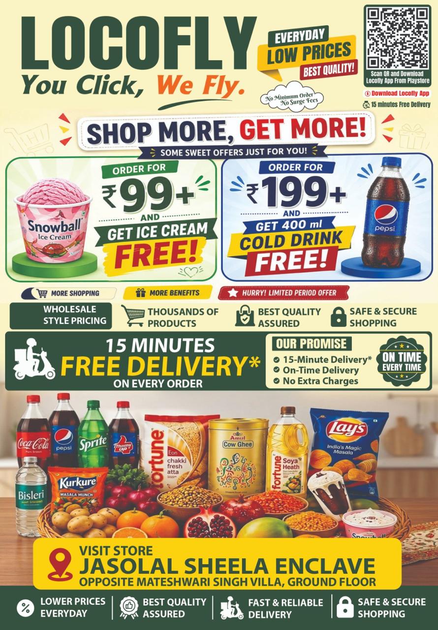 Shop More Get More — Order ₹99+ get Ice Cream free, Order ₹199+ get Pepsi free. 15-minute free delivery.
