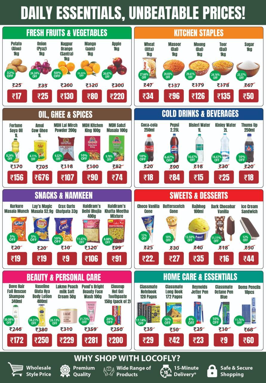 Daily Essentials at Unbeatable Prices — Fresh Fruits, Vegetables, Kitchen Staples, Cold Drinks, Snacks and more at wholesale-style prices.