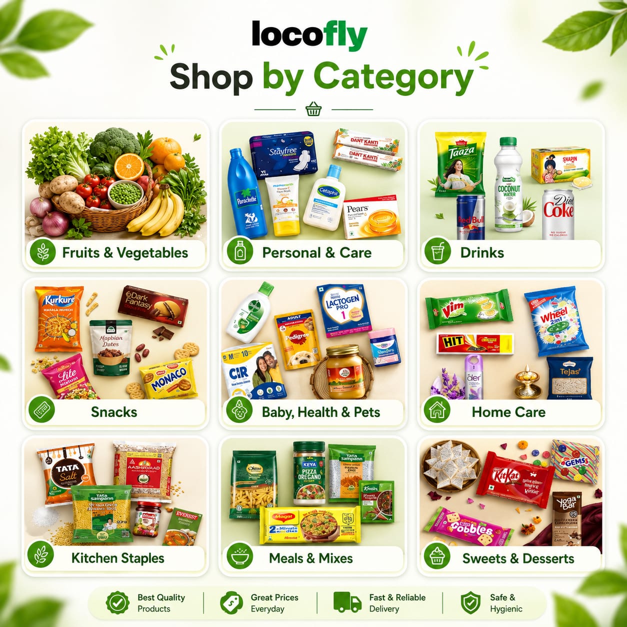 Shop by Category — Fruits & Vegetables, Personal Care, Drinks, Snacks, Baby & Health, Home Care, Kitchen Staples, Meals & Mixes, Sweets & Desserts